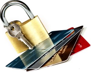 Cards and padlock online banking, credit card transactions, trading, protection, fraud, identity theft, etc.